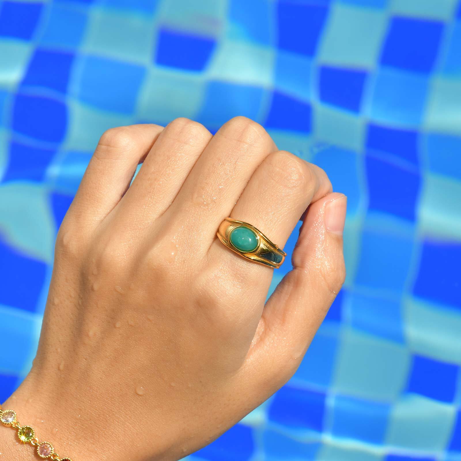 

316L Stainless Steel Oval Natural Stone Ring for Women, 18k Gold Plated Fashion 2026 New Finger Accessory Waterproof US Ring Size 07