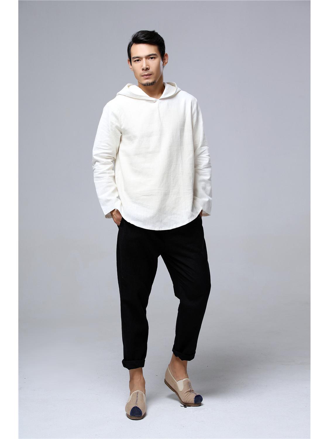 

Мужской повседневный топ из хлопка и льна в китайском стиле с капюшоном Medium белый