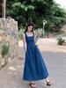 Blue Sleeveless Denim Tube Top Dress for Women Spring Summer New Style Square Neck Slim Fit French Style Long Dress