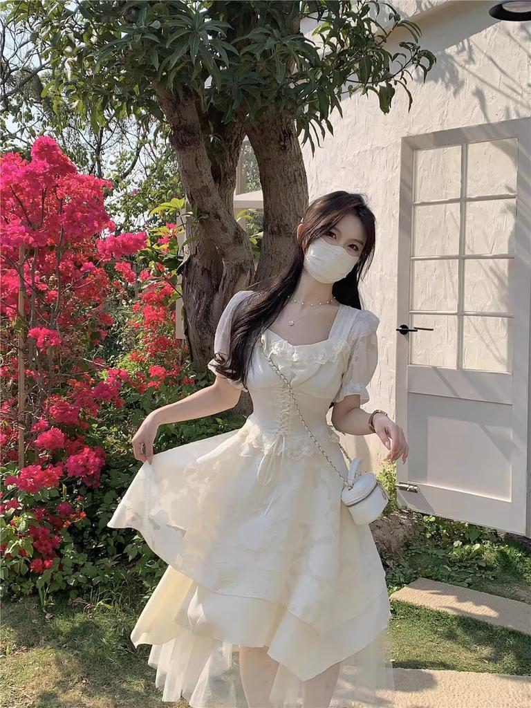 Summer New Design Short-sleeved Dress Women's French Niche Waist Coffee Break Long Dress Sweet Long Skirt