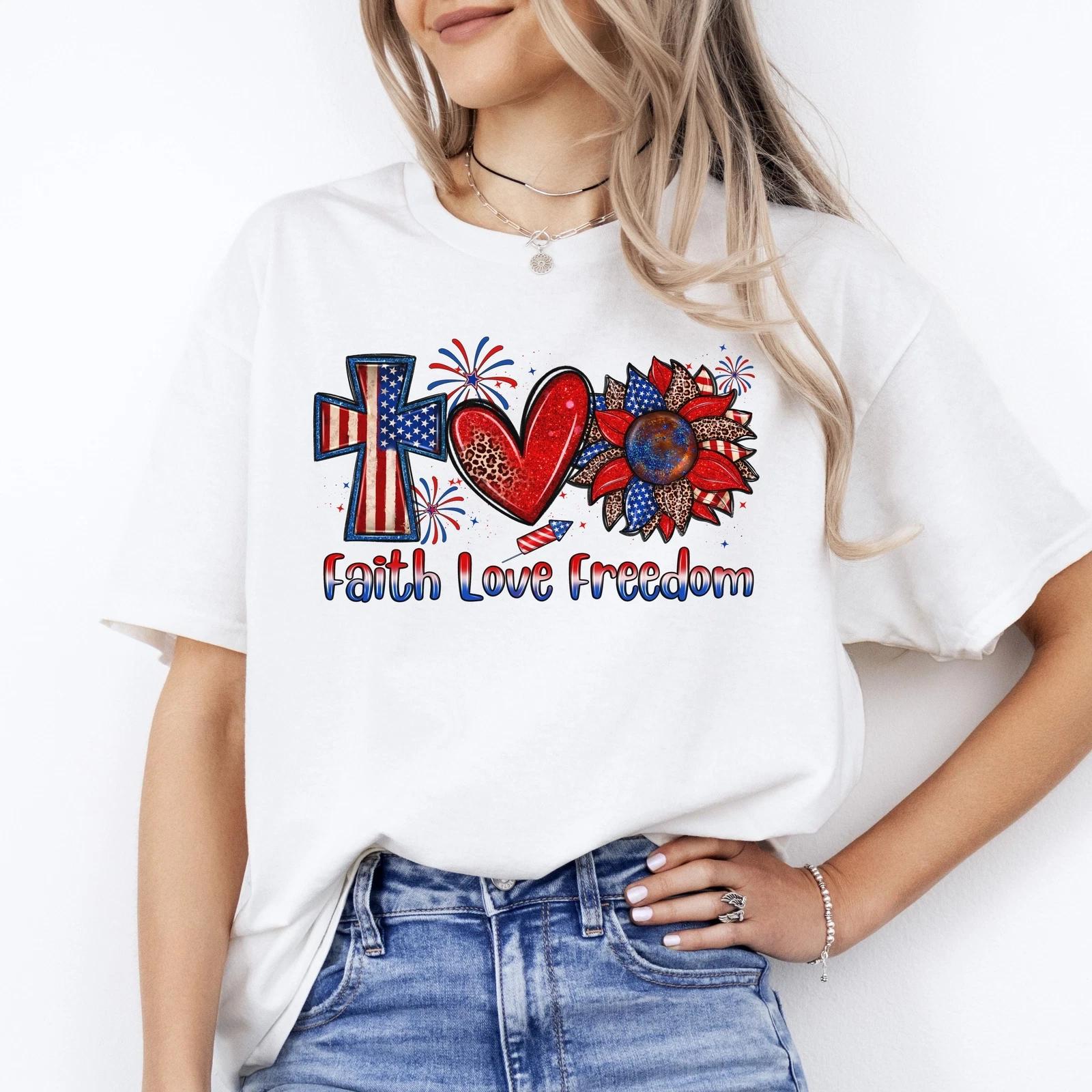 Faith love freedom T-Shirt gift America July 4th Cross Heart Sunflower Tee Sand S