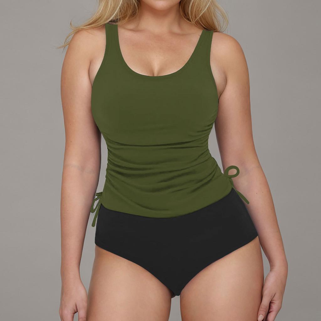 2026 Drawstring Tankini 2 Pieces Swimsuit Women Printed Swimwear Female Solid Bathers Bathing Swimming Swim Suit Beachwear XXL