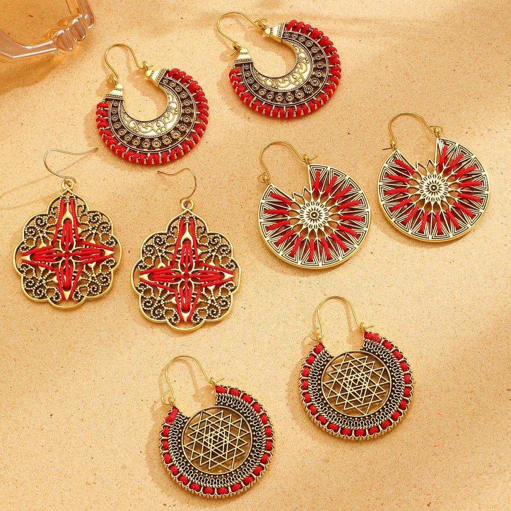 Bohemian Carved Hollow Heart & Geometric Semicircle Earrings