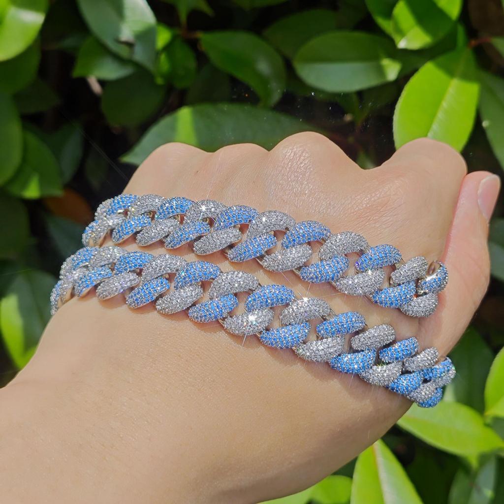 Silver Blue 14MM Cuban Link Necklace and Bracelet - European & American Hip Hop Fashion Trend Jewelry