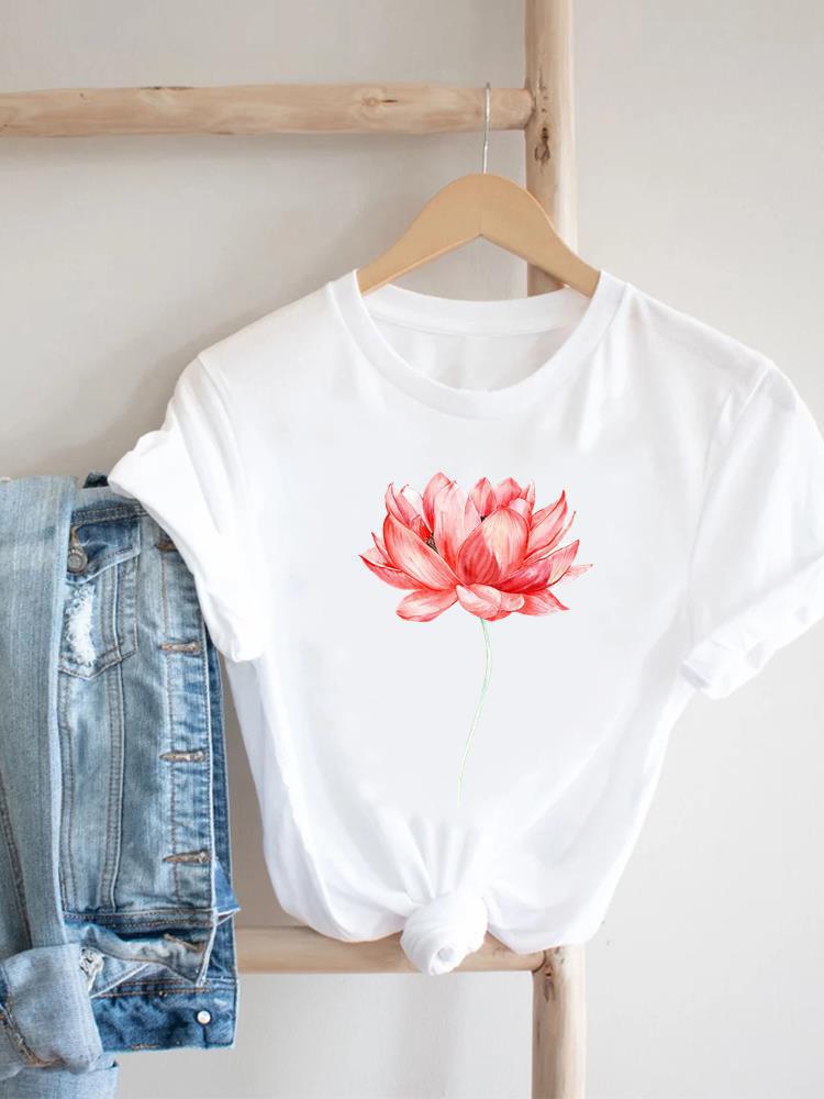 Women's Short-sleeved T-shirt, Fashionable Flower Print Bottoming Shirt