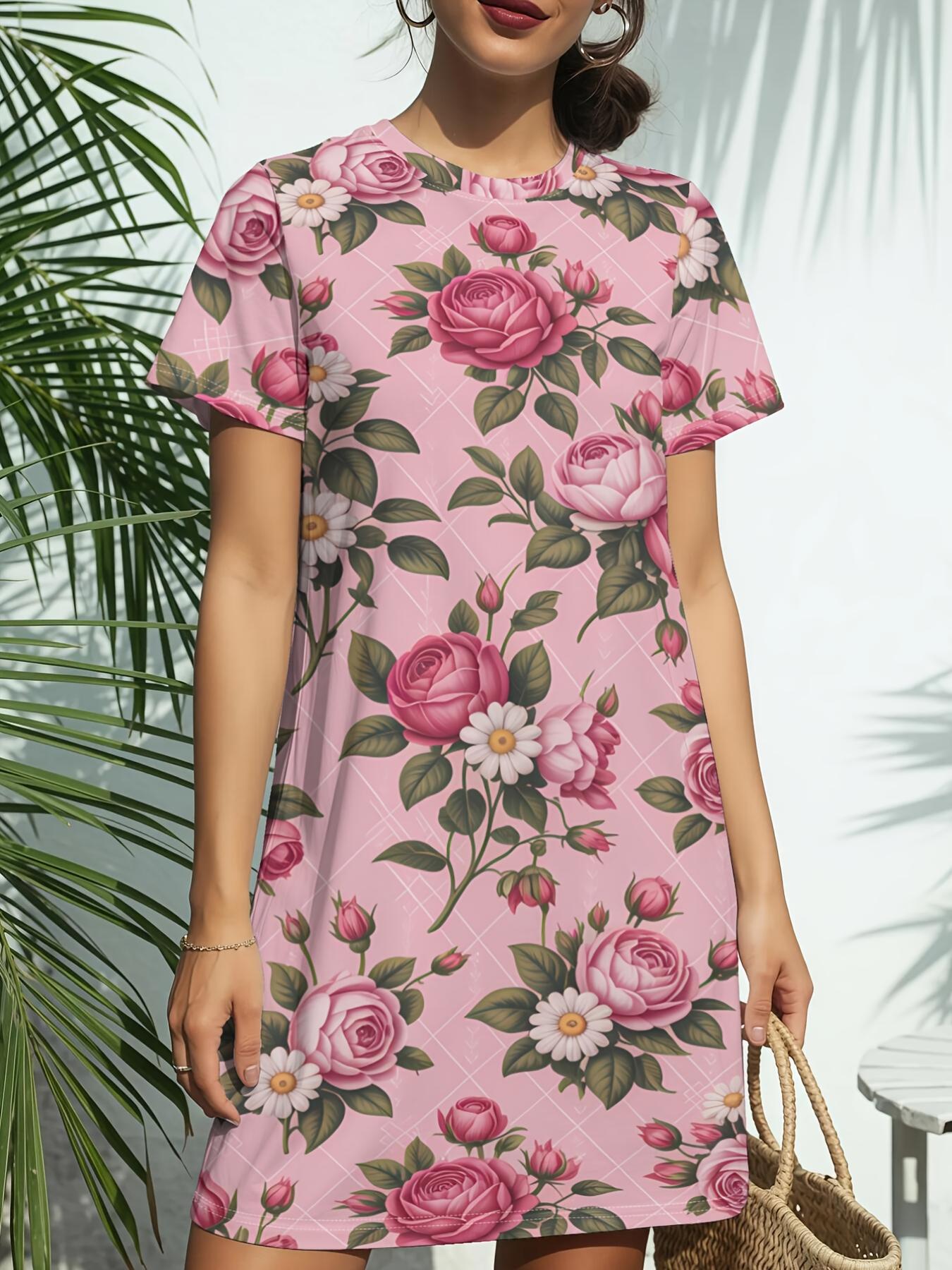 

Pink Rose Vintage New Arrival Women S Round Neck Short-Sleeve T-Shirt Dress. American Trendy Digital Print. Casual Versatile Style for Spring And Summ 4XL дубильна кора