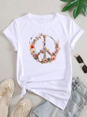(Asian Size) Women Tee Top Clothing Peace Flower Trend 90s Casual Short Sleeve T Shirt Fashion Print Lady Female Graphic T-shirts