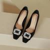 Black high heels temperament is not tired feet 2025 new spring and autumn square head French rhinestone square buckle thick heel shallow mouth sin