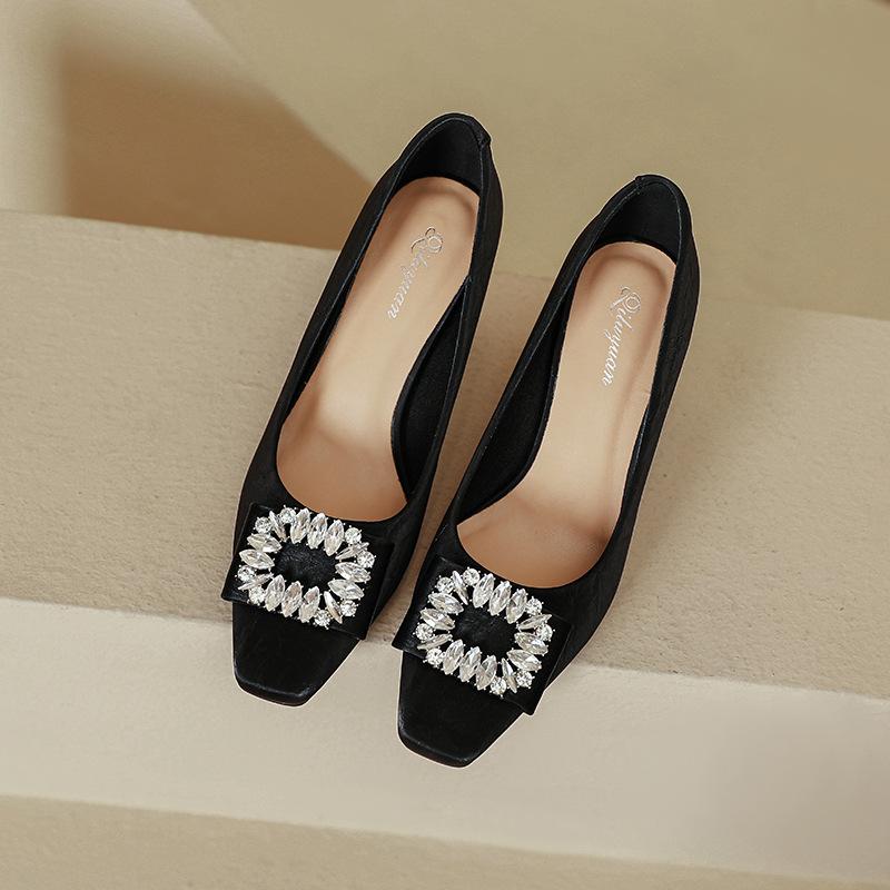 Black High Heels Temperament Is Not Tired Feet 2025 New Spring and Autumn Square Head French Rhinestone Square Buckle Thick Heel Shallow Mouth Sin