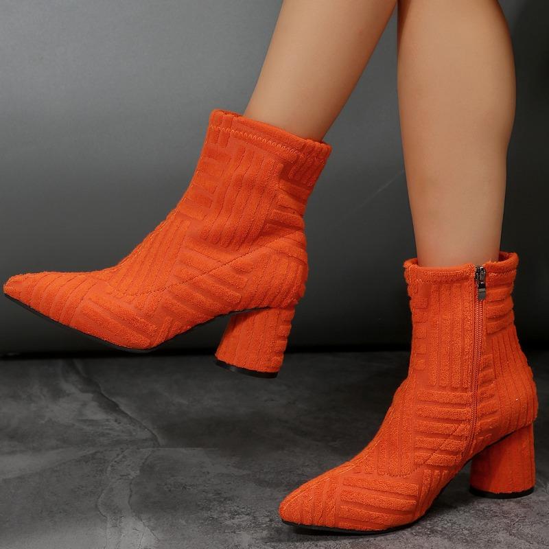 Large size thick heel high heel boots new solid color side zipper pointed short fashion boots