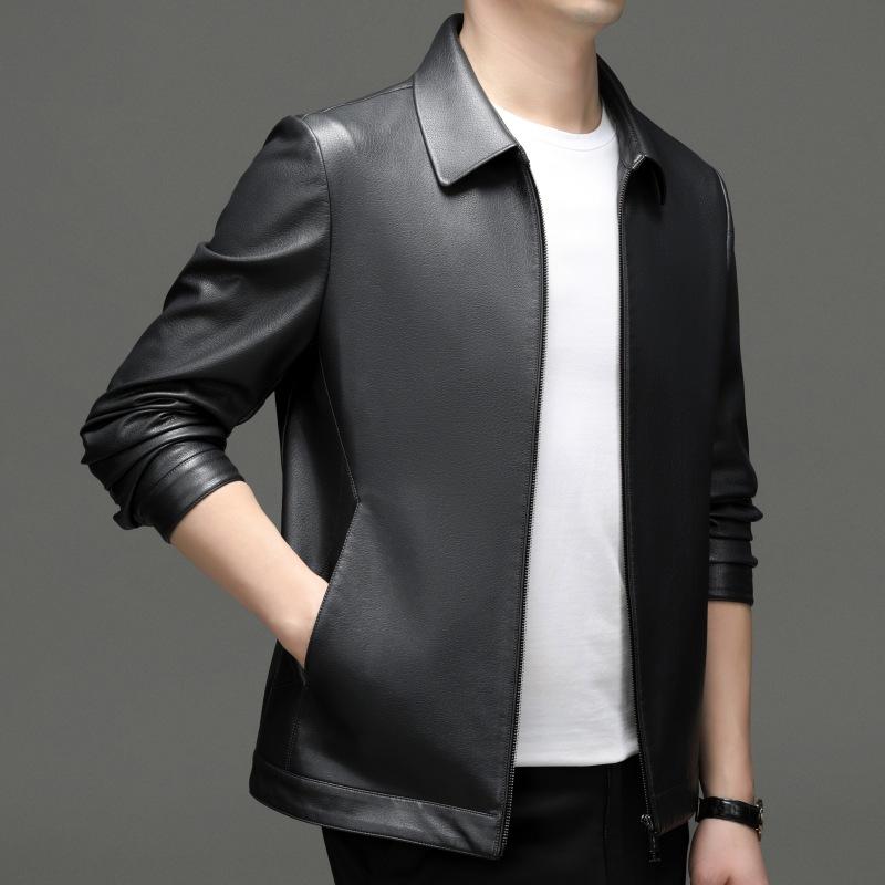 New Genuine Leather Jacket Men's Short Lapel Leather Jacket Sheepskin Casual Slim Autumn and Winter Plush Jacket
