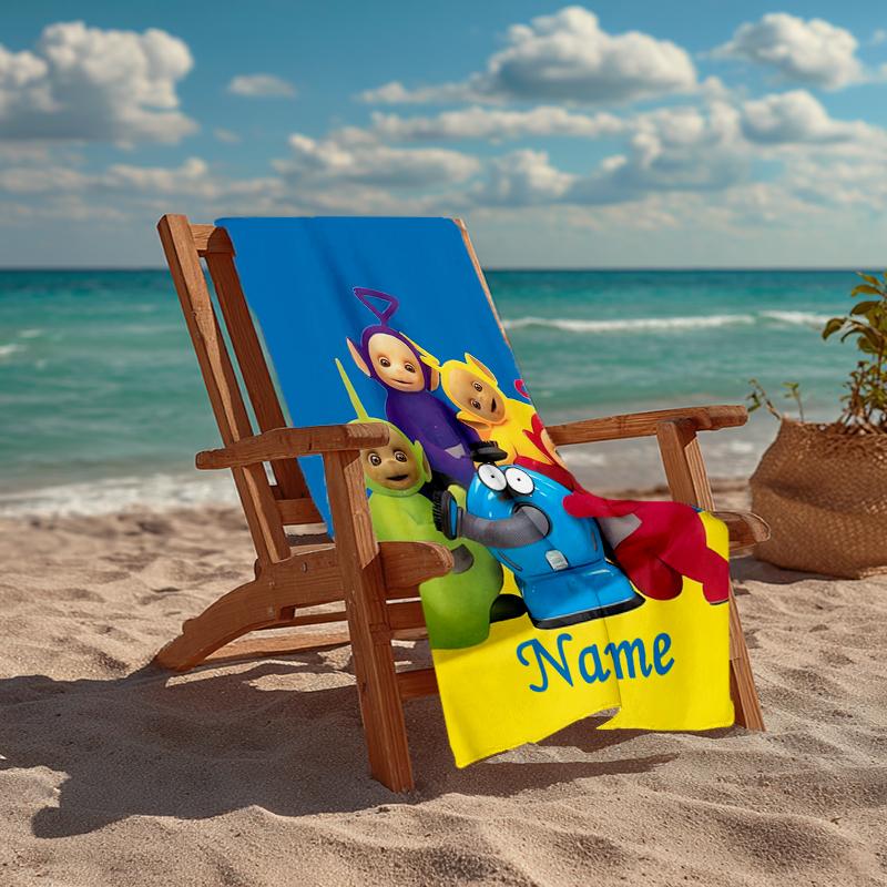 Custom Name Ultra-Soft Beach Towel with Teletubbies Theme,Ideal for Pool - Camping, Diving - Perfect Travel Essential, Vibrant Beach Towel.