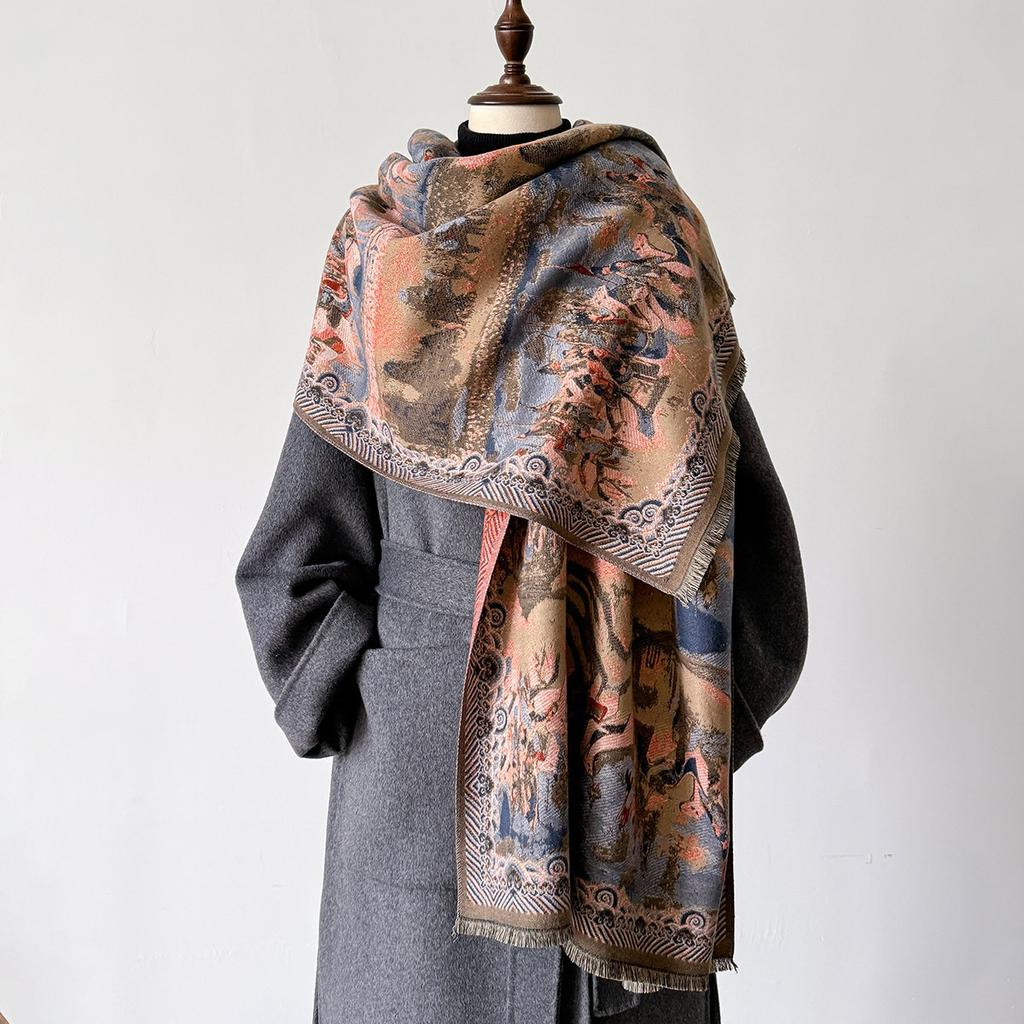 Classic Painting Thickened Scarf Women Autumn Winter Warm Neckscarf Shawl Fashion Tassels Pashmina Lady Wrap Windproof Scarves