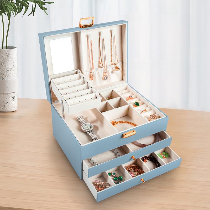 Elegant Three-Layer Leather Jewelry Box - Necklace, Earrings & Accessories Storage