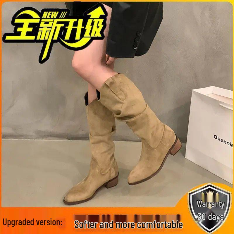 Klackade V-skurna Bruna Cowboykängor till Mitten av Vaderna, Vår/Höst 2025, Spetsig Tå Westernstil för Kvinnor