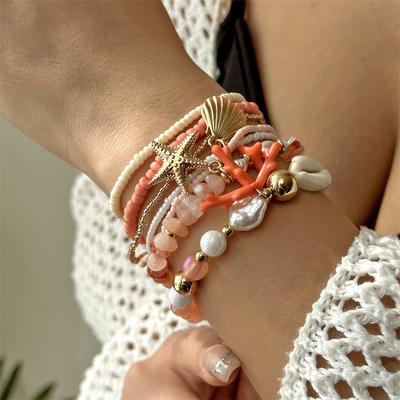 Women's Bohemian Bracelet, Men's Beach Resort Style Starfish Shell Coral Beaded Multi-layer Stackable Bracelet