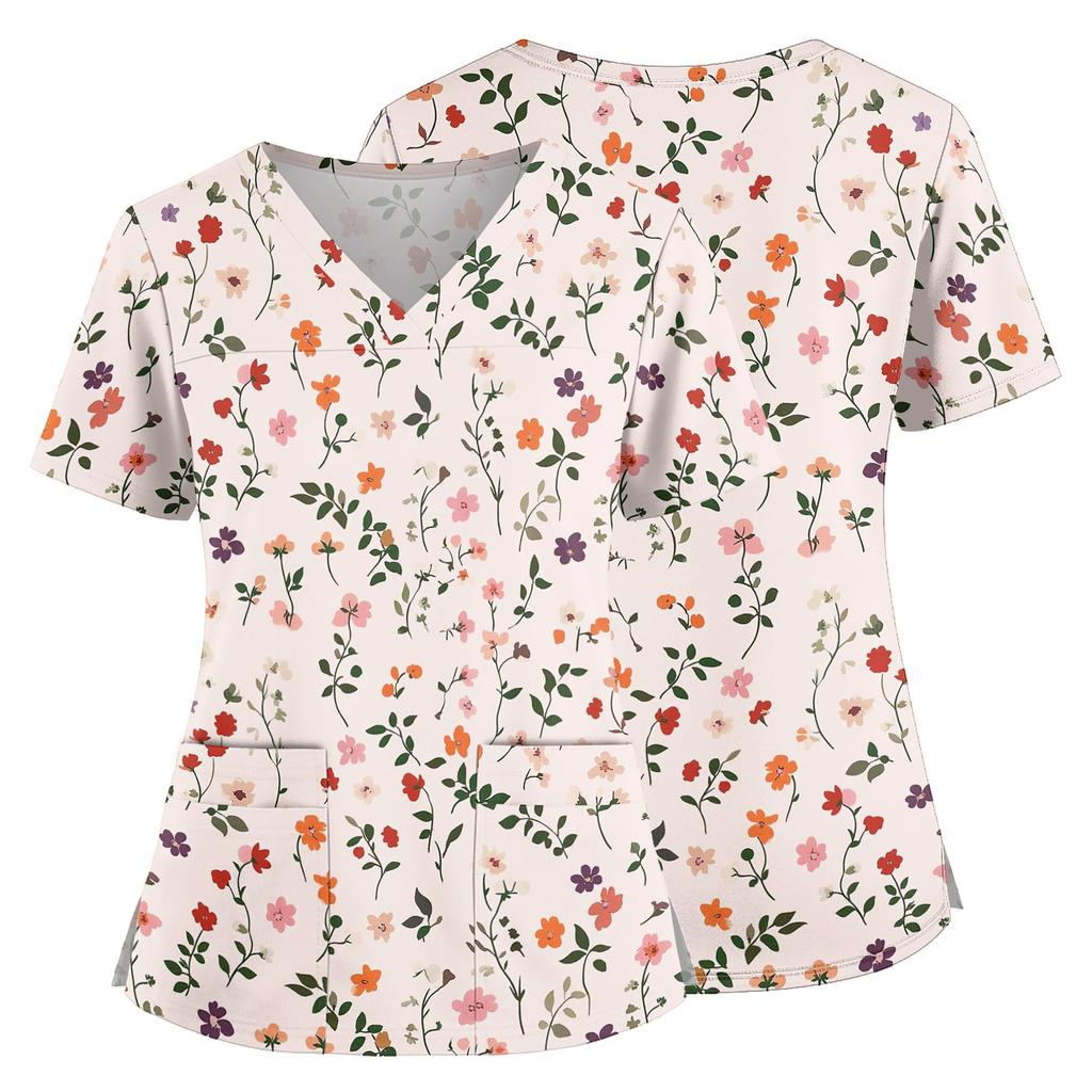 Top Medico a V con Stampa Floreale, Tasche, Spacchi Laterali, Manica Corta, Uniforme da Infermiera per Donna
