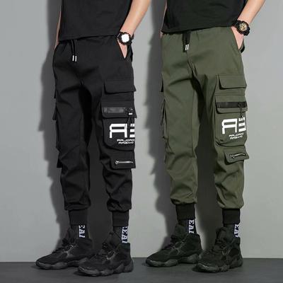 Men's Spring and Summer Plus Size Loose Multi Pocket Work Trousers Drawstring Thin Section Nine Minute Trousers Casual Trousers