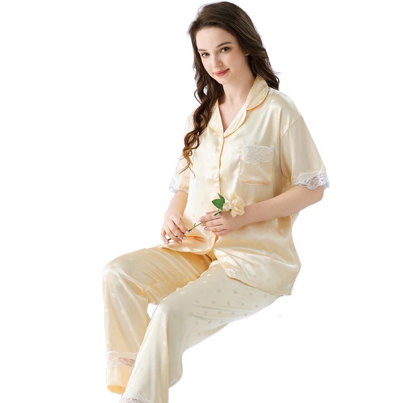 Cute And Simple Polka Dot Printed Pajamas Women'S Summer Cool Ice Silk Loungewear Short Sleeves And Trousers Can Be Worn Outside