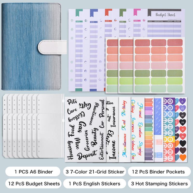 Gradient A6 6-Ring Loose-leaf Budget Binder with Zipper Pockets Cash Envelopes & Stickers for Financial Planning Gift Organizer