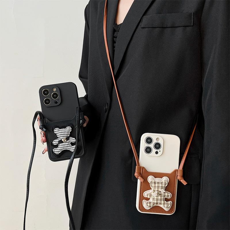 Plaid Bear Card Holder Wallet Phone Case for IPhone16 Crossbody Cord 14 for Apple 13 Anti-fall 12 Women's Soft