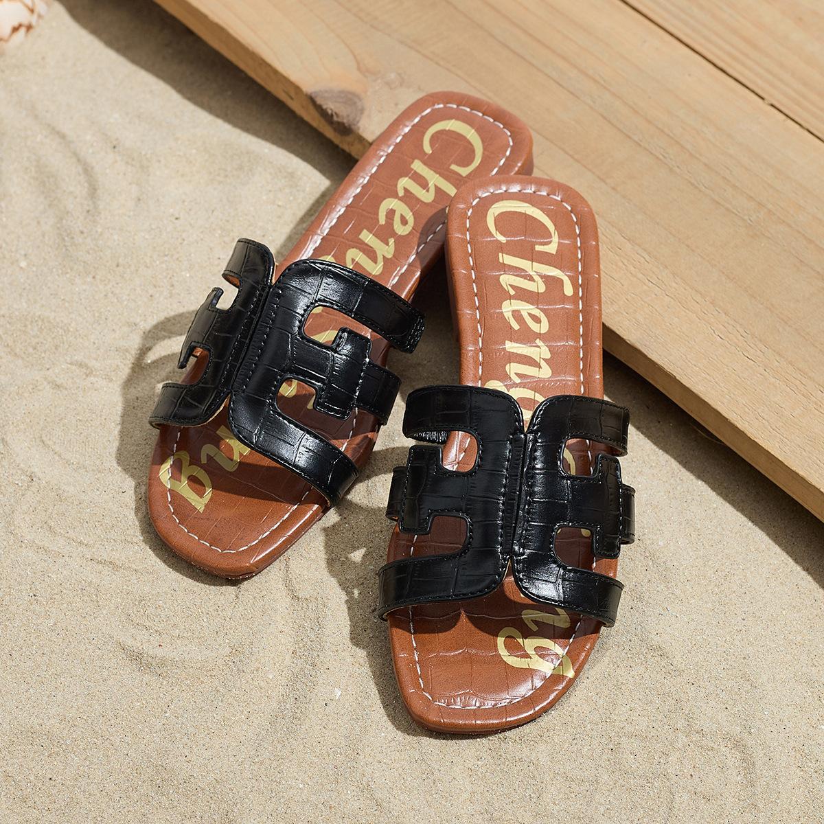 

Spot Internet celebrity H slippers women s summer wear travel vacation flat non-slip sandals simple beach sandals 41 чорний