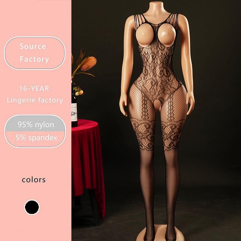 European & American Sexy Halter Bodysuit with Hollow Chest, Jacquard Net Design, & Open Crotch (Model 4156A)