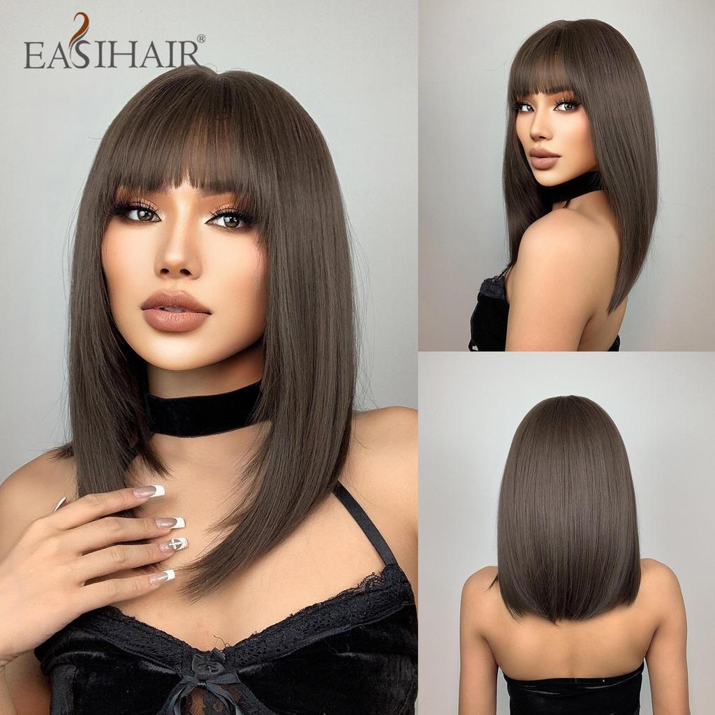 EASIHAIR Popelavě blond Krátká Bobo střední část Synetetické přírodní paruky vlnité s ofinou pro ženy Denní cosplay tepelně odolné vlákno