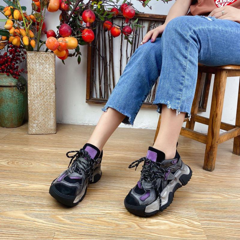 Johnature Genuine Leather Shoes Women Sneakers Lace-up Retro Mixed Colors Spring Handmade Concise Platform Sneakers