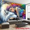 Colorful Woman Wolf Fantasy Tapestry Artistic Dream Wall Hanging Mythical Decor Bedroom Print