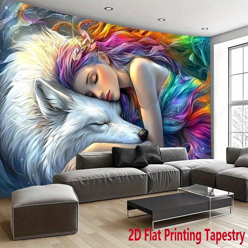 Colorful Woman Wolf Fantasy Tapestry Artistic Dream Wall Hanging Mythical Decor Bedroom Print