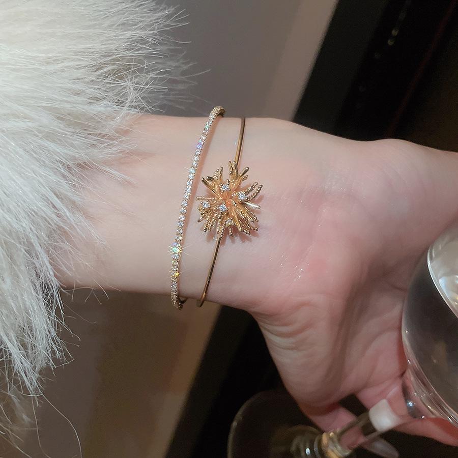 Zircon Flower Double Layer Open Bangle - Minimalist Luxury Bracelet