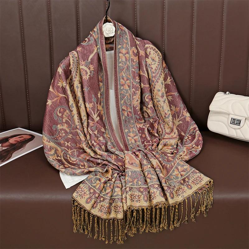 Bohemia Ethnic Style Women Scarf Retro Jacquard Thick Cashmere Tassel Shawl Winter Warm Muslim Hijab Wrap Pashmina