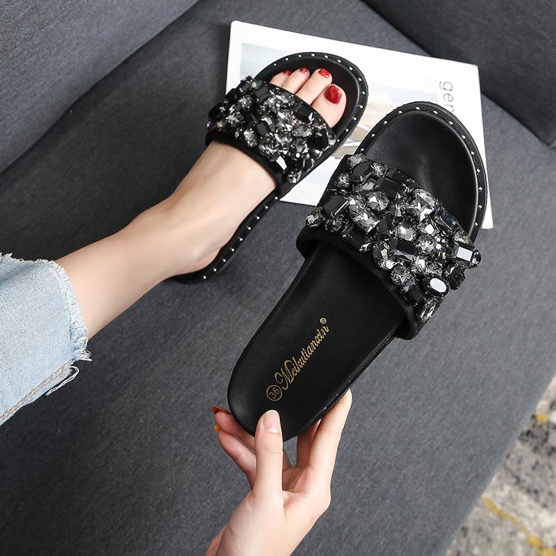 Thick-bottomed rhinestone slippers women's wear 2025 new Internet celebrity fashion versatile large size 41-43 medium heel cool slippers women
