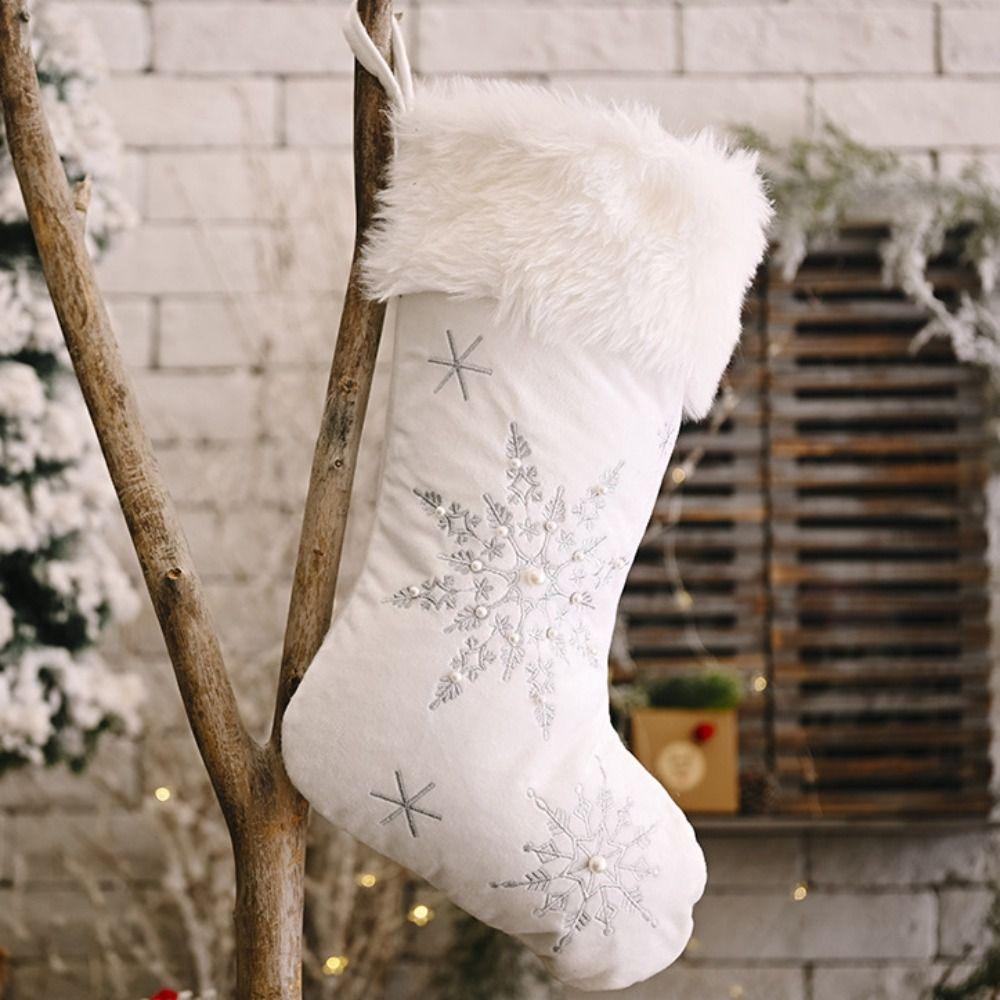 Sequined White Plush Christmas Stockings with Pearls Christmas Tree Hanging Ornament Kids