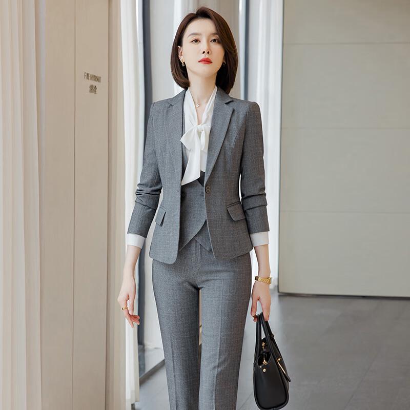 Women's Grey Plaid Business Suit Set