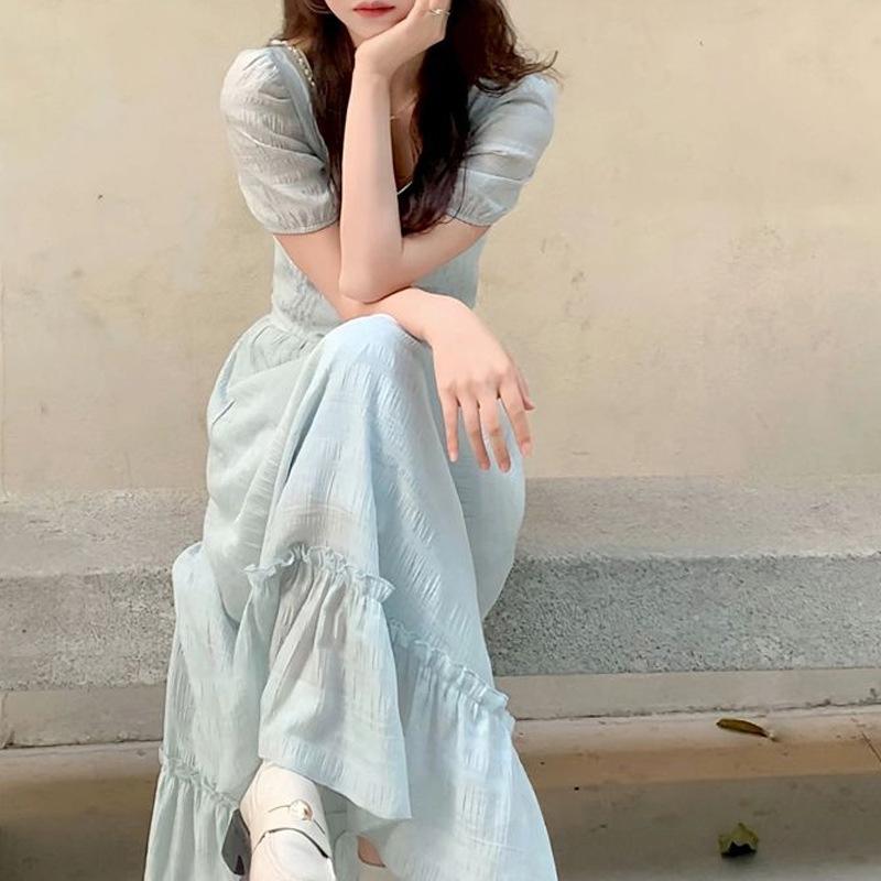 Summer French Gentle Sweet Square Neck Short Sleeve Top Women's Waist Skinny Temperament Skirt Two-piece Set