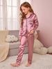 Set Pigiama Lungo Manica Lunga da Bambina in Raso Setoso Rosa Polveroso Ricamo Collo a Revers Bottone Pantaloni Lunghi Loungewear Pigiama per Ragazze Teen 8-12Y