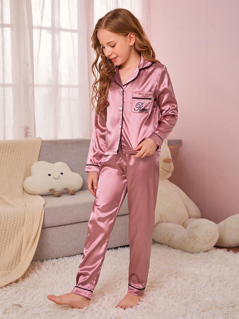 Set Pigiama Lungo Manica Lunga da Bambina in Raso Setoso Rosa Polveroso Ricamo Collo a Revers Bottone Pantaloni Lunghi Loungewear Pigiama per Ragazze Teen 8-12Y