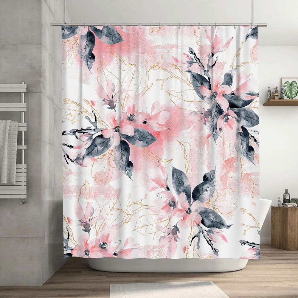 Luxury Watercolor Floral Shower Curtain Pink Black Decorative Bathroom Fabric Waterproof Liner for Bathtub or Knees High Hangers