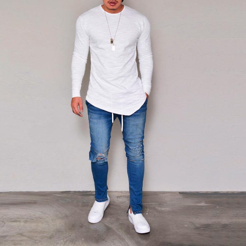 Men Longline Curved Hem Long Sleeve T Shirt Slim Fit Casual Crew Neck Tees