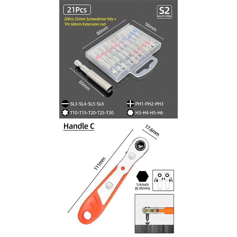 25mm Screwdriver Bits Set Slotted Phillips Pozidriv Torx Square Hexagon Bit Holder 1/4" Hex Shank Ratchet Wrench Hand Tools