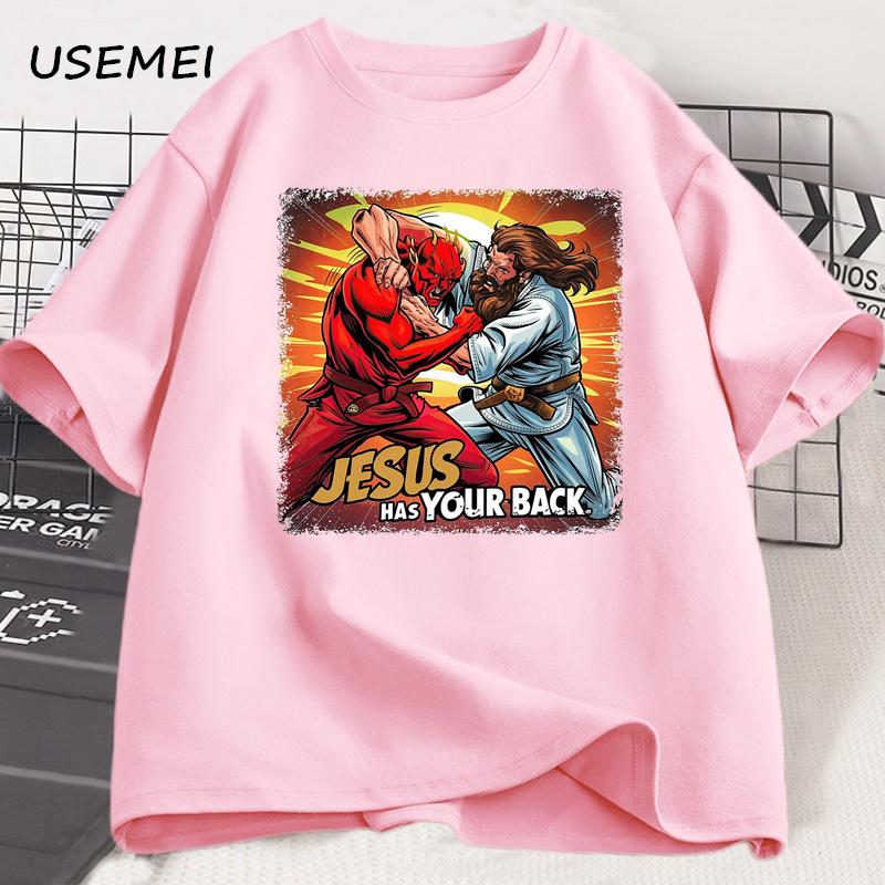 Ježíš ti kryje záda Jiu Jitsu Retro Křesťanské Tričko Pánské Bavlněné Tričko s Krátkým Rukávem Streetwear Unisex Oblečení Grafická Trička