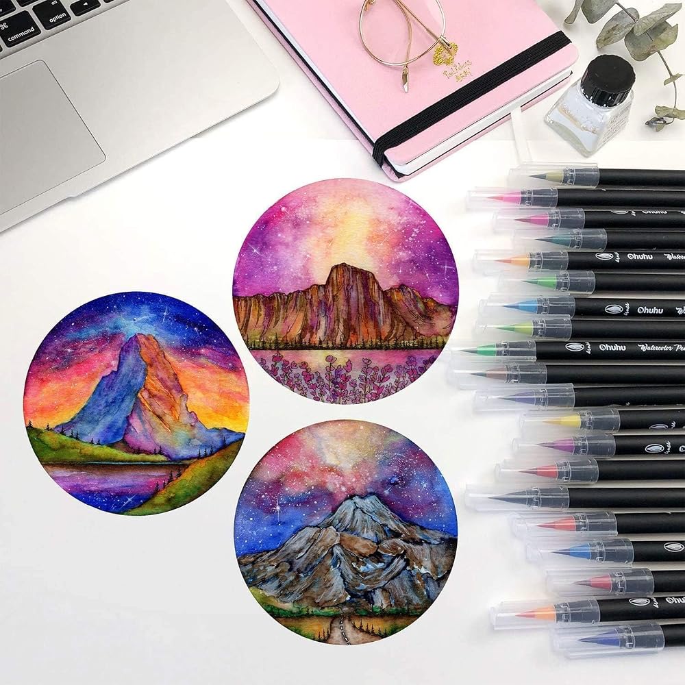 Ohuhu Watercolor Brushes, 48 Color Water Pens, 2 Watercolor Pens, Color Set, Watercolor Brushes, ...