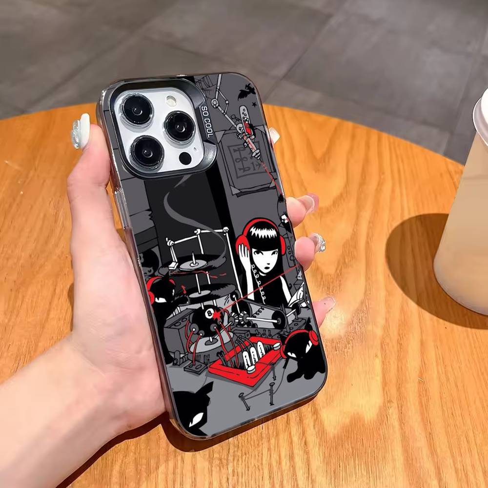 Cat E-Emily The Strange Phone Case For iPhone17,16,15,14,13,12,11,Pro,MAX Gray Matte Silicone Black Cover