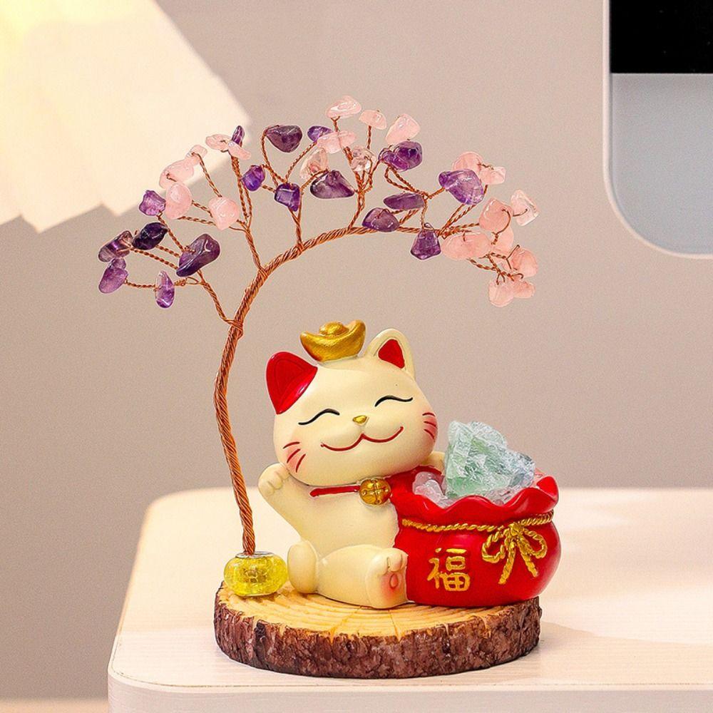Natural Crystal Fortune Cat Colorful Gravel Energy Tree Cute Cat Crystal Tree  Christmas Gifts