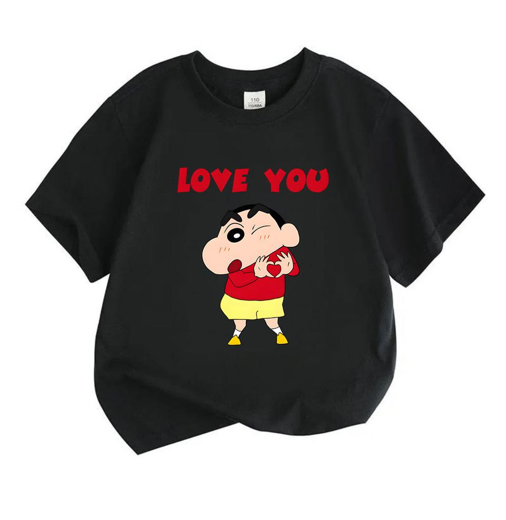 Kids Boys Girls Crew Neck Short Sleeve 100% Cotton T-Shirt, Cute Cartoon Character Print LOVE YOU Heart Pattern Casual Breathable Summer Tee for Child