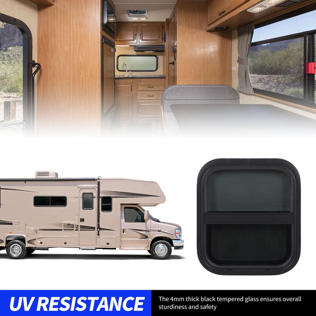 RV Window Trailer Window Waterproof Sealed Tinted Tempered Glass Pull Opening Rounded Corner with Clamp Ring for Camper Vehicle