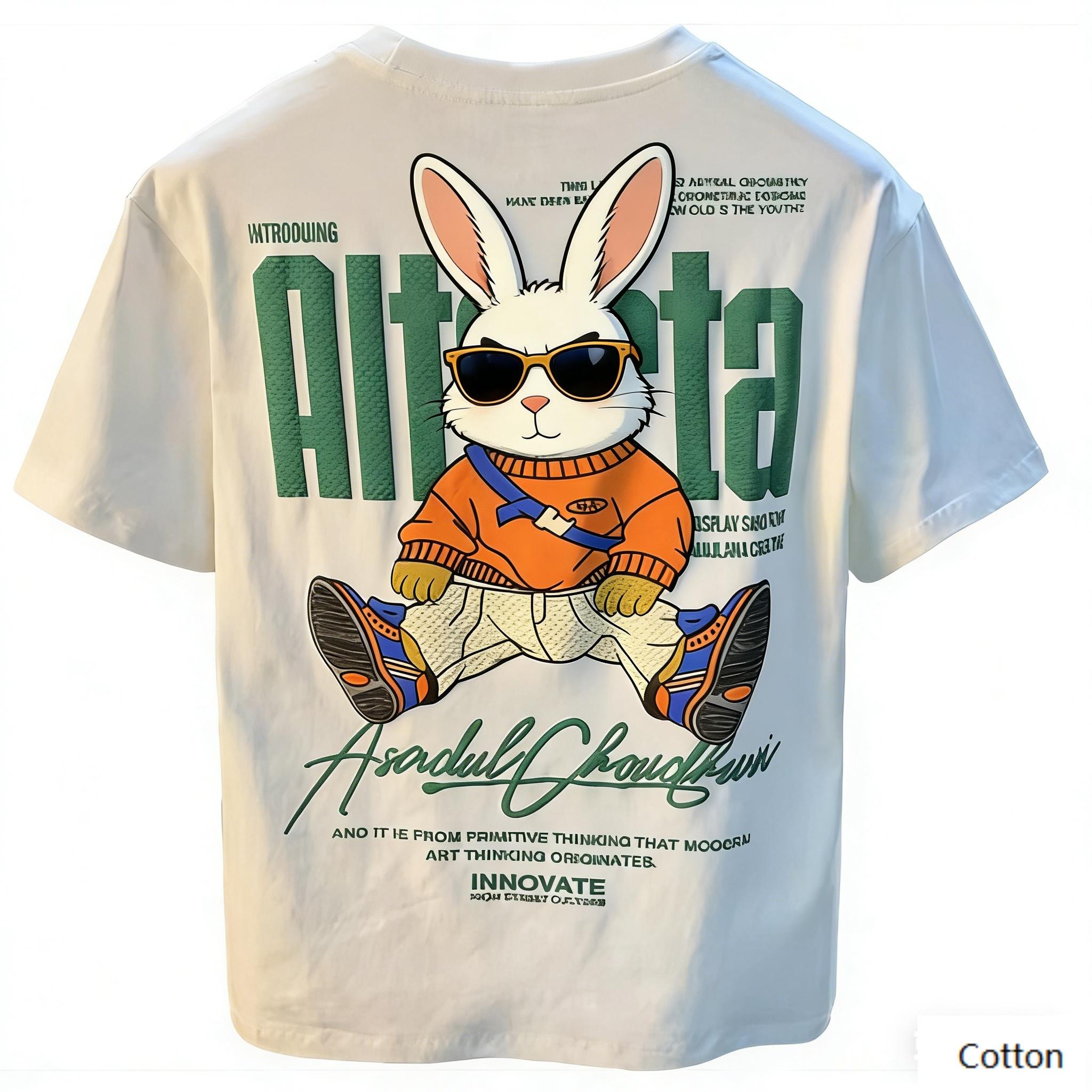 

American Street Style Cool Bunny Graphic TShirt with Sneaker Print Retro Cotton Tee Aesthetic HipHop Style Unisex Top S