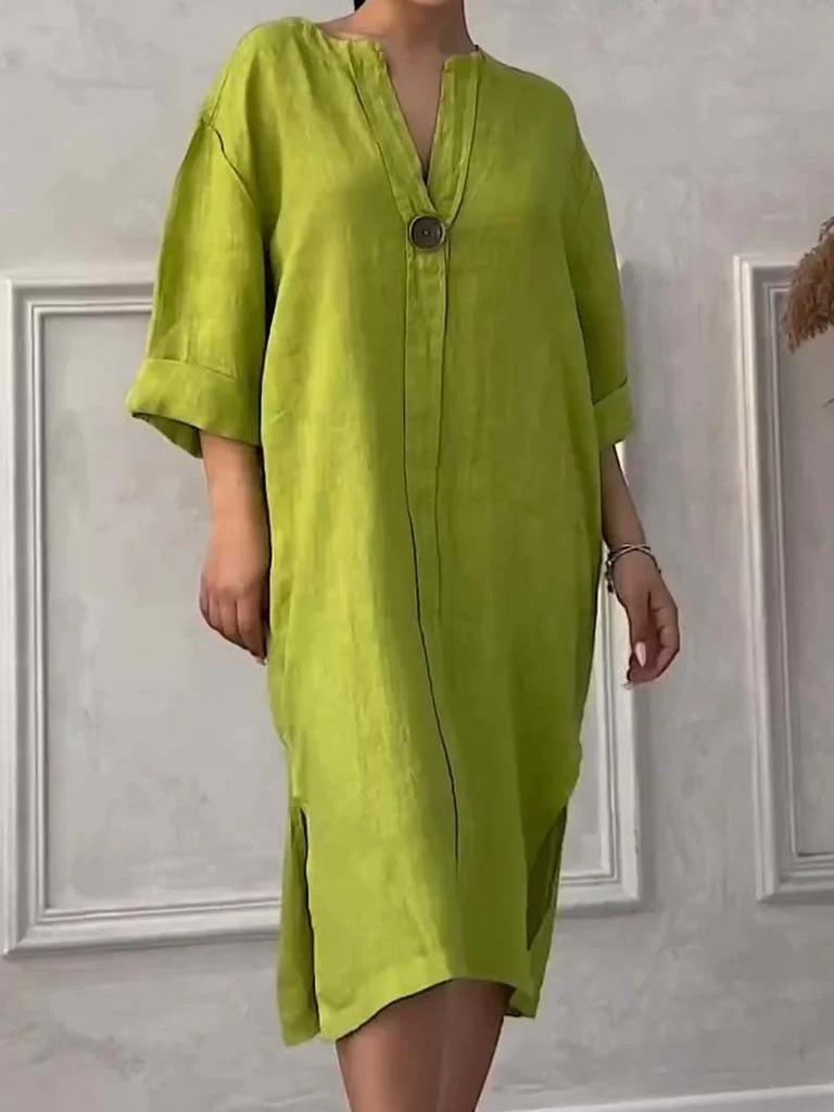 Women's New Cotton Linen Solid Color Casual Round Neck Button Long Dress